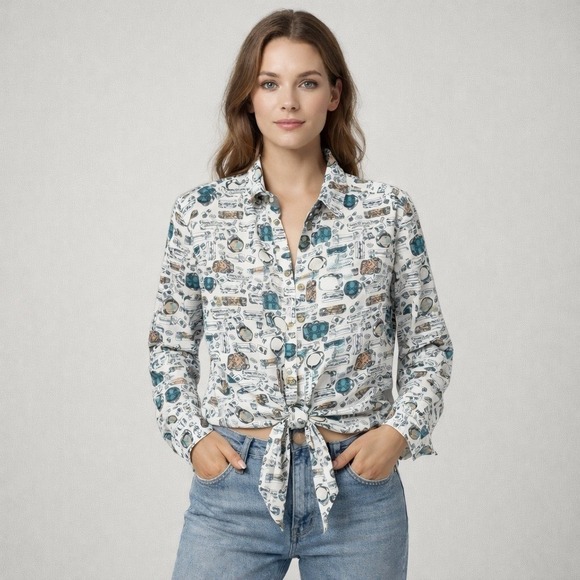 Style & Co. Tops - Style & Co Button Down Shirt Womens Medium Travel Print Tie Front Excellent